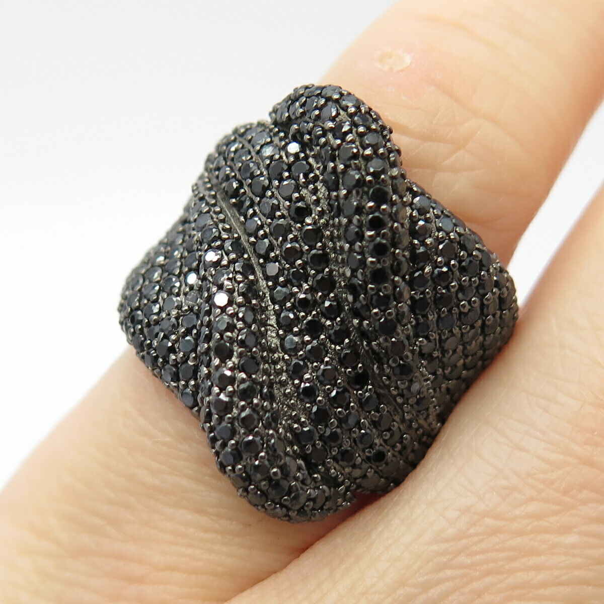 925 Sterling Silver Real Melanite Gem Woven Ring Size 5