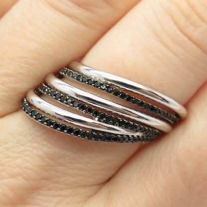 925 Sterling Silver Real Melanite Gem Striped Ring Size 7 3/4