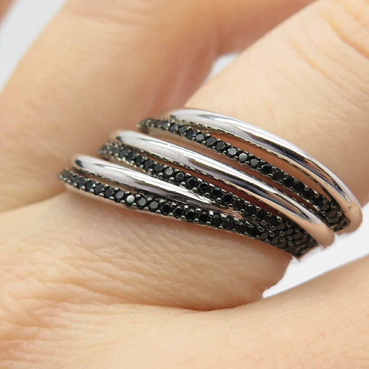 925 Sterling Silver Real Melanite Gem Striped Ring Size 7 3/4