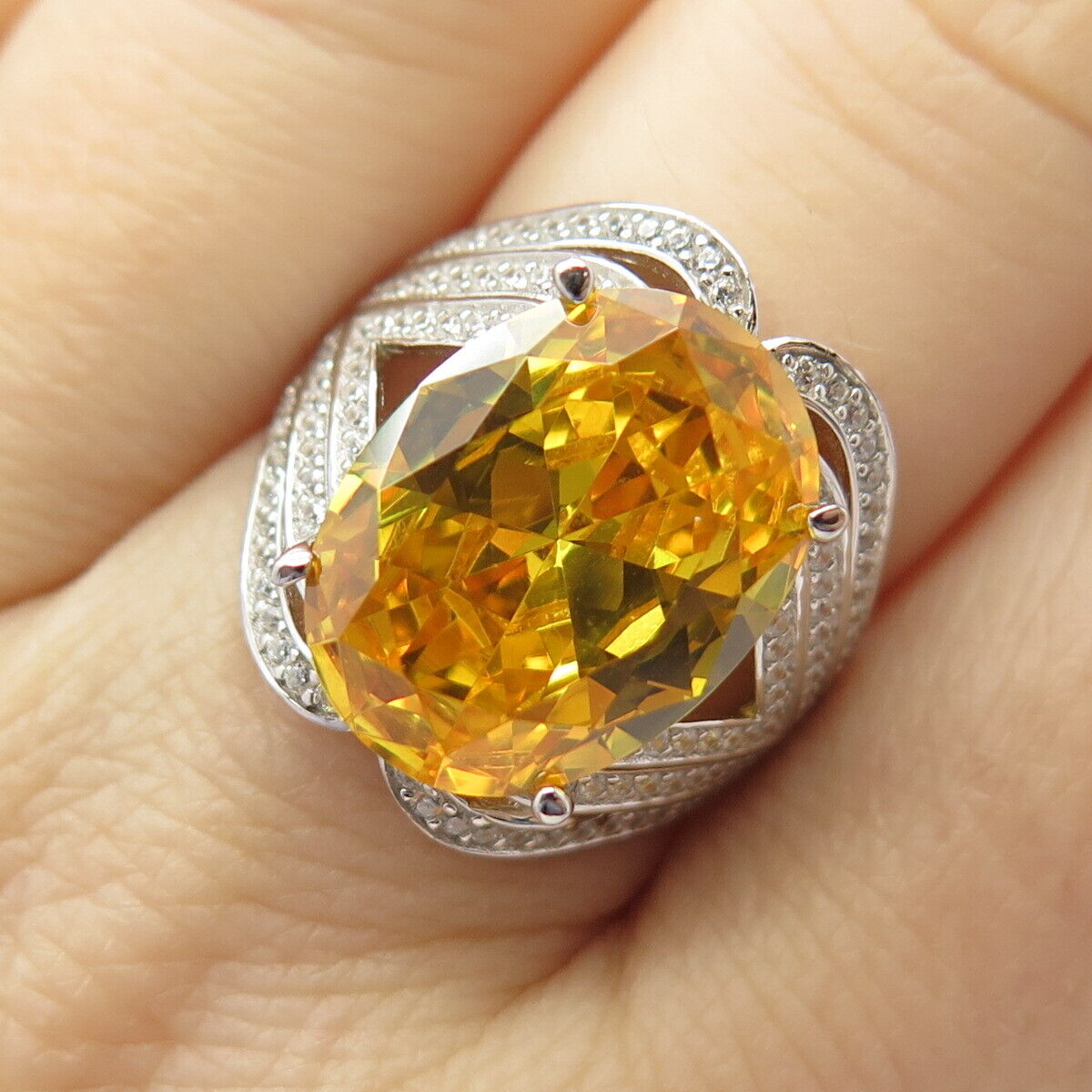 925 Sterling Silver White & Citrine-Tone C Z Ring Size 7 1/4