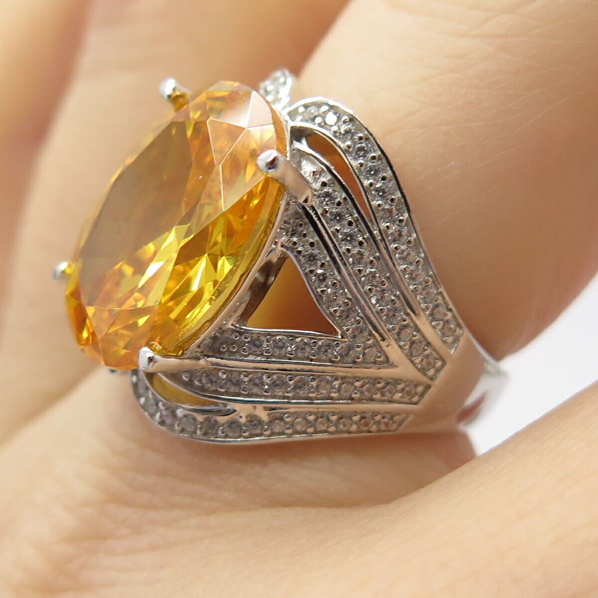 925 Sterling Silver White & Citrine-Tone C Z Ring Size 7 1/4