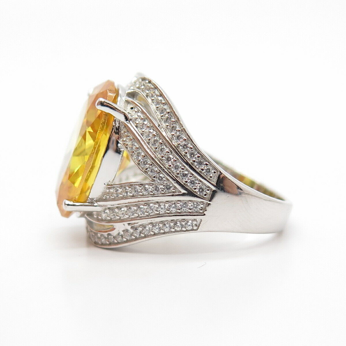 925 Sterling Silver White & Citrine-Tone C Z Ring Size 7 1/4