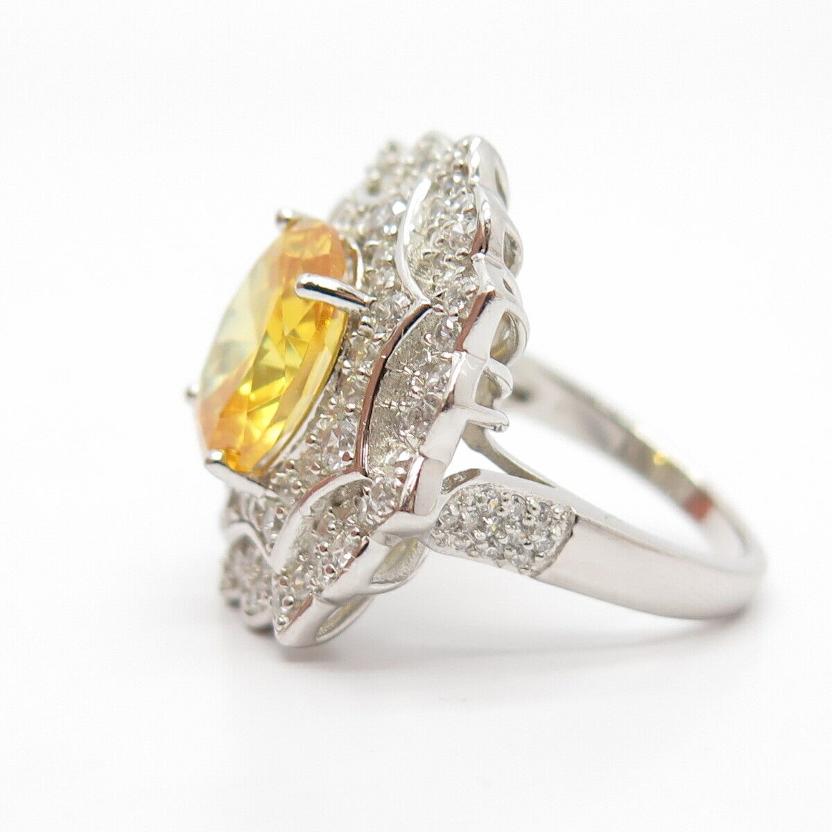 925 Sterling Silver White & Canary-Tone C Z Ornate Wide Ring Size 7 1/4