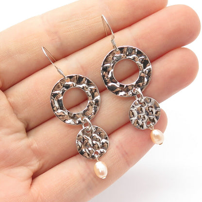 925 Sterling Silver Real Pearl Hammered Finish Dangling Earrings