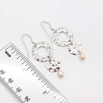 925 Sterling Silver Real Pearl Hammered Finish Dangling Earrings