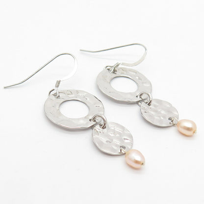 925 Sterling Silver Real Pearl Hammered Finish Dangling Earrings