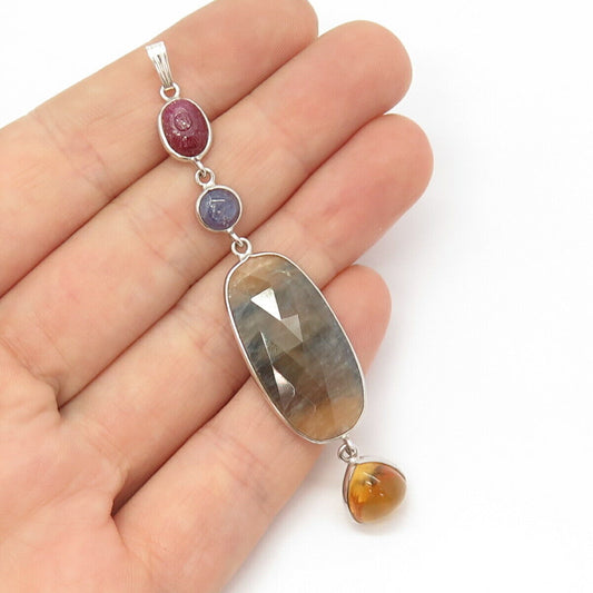 925 Sterling Silver Real Ruby Citrine & Sapphire Gem Dangling Pendant