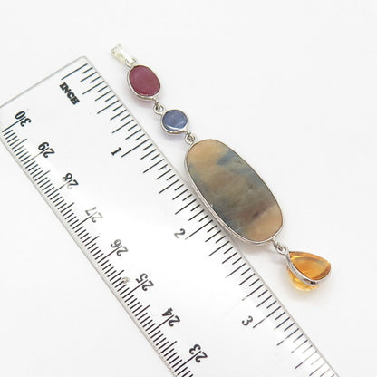 925 Sterling Silver Real Ruby Citrine & Sapphire Gem Dangling Pendant