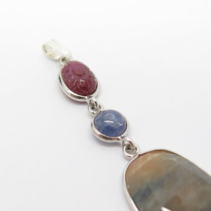 925 Sterling Silver Real Ruby Citrine & Sapphire Gem Dangling Pendant