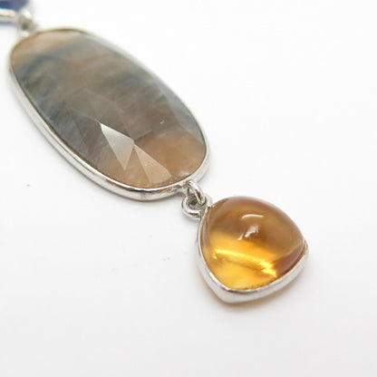 925 Sterling Silver Real Ruby Citrine & Sapphire Gem Dangling Pendant