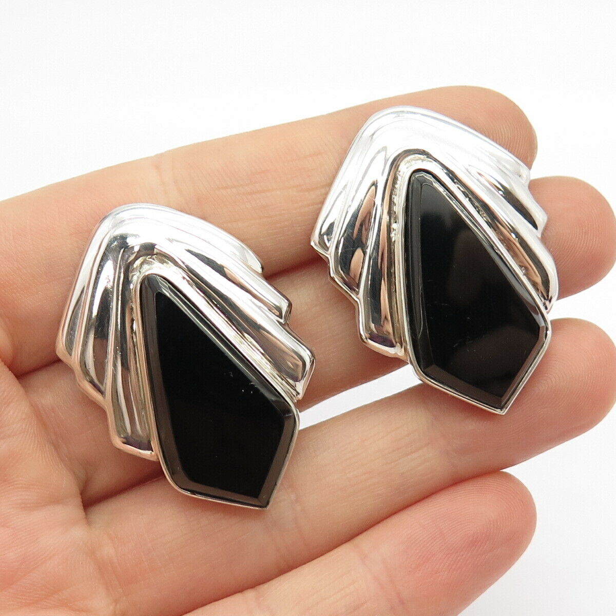 925 Sterling Silver Vintage Mexico Real Black Onyx Gem Clip On Earrings