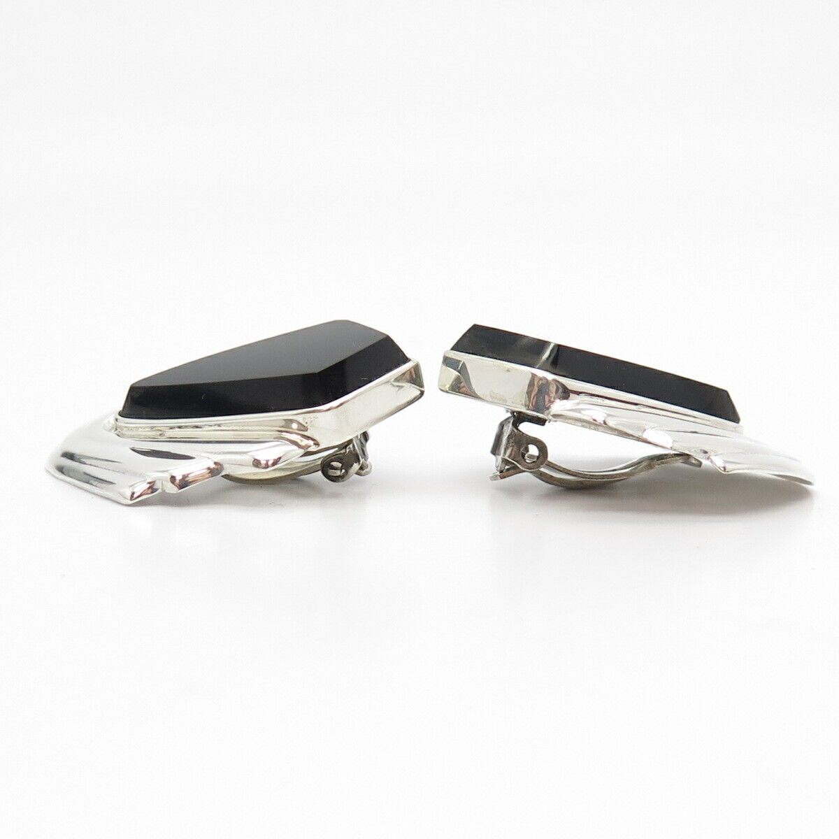 925 Sterling Silver Vintage Mexico Real Black Onyx Gem Clip On Earrings