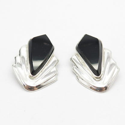 925 Sterling Silver Vintage Mexico Real Black Onyx Gem Clip On Earrings