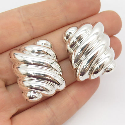 925 Sterling Silver Vintage Bayanihan Ribbed Hollow Clip On Earrings