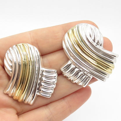 925 Sterling Silver 2-Tone Vintage Mexico Ribbed Ribbon Earrings