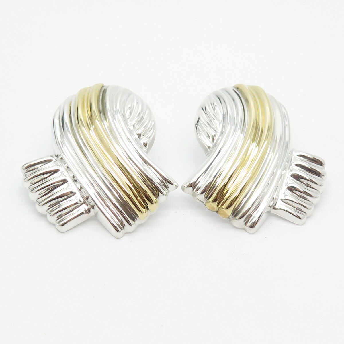 925 Sterling Silver 2-Tone Vintage Mexico Ribbed Ribbon Earrings