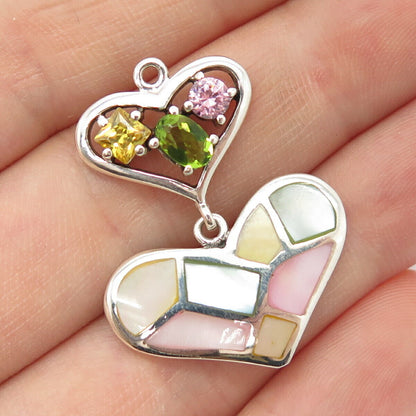 925 Sterling Silver Colorful MOP Peridot Gem & Multi-Color C Z Heart Pendant