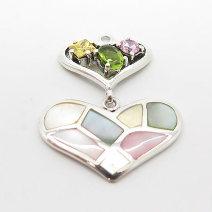 925 Sterling Silver Colorful MOP Peridot Gem & Multi-Color C Z Heart Pendant