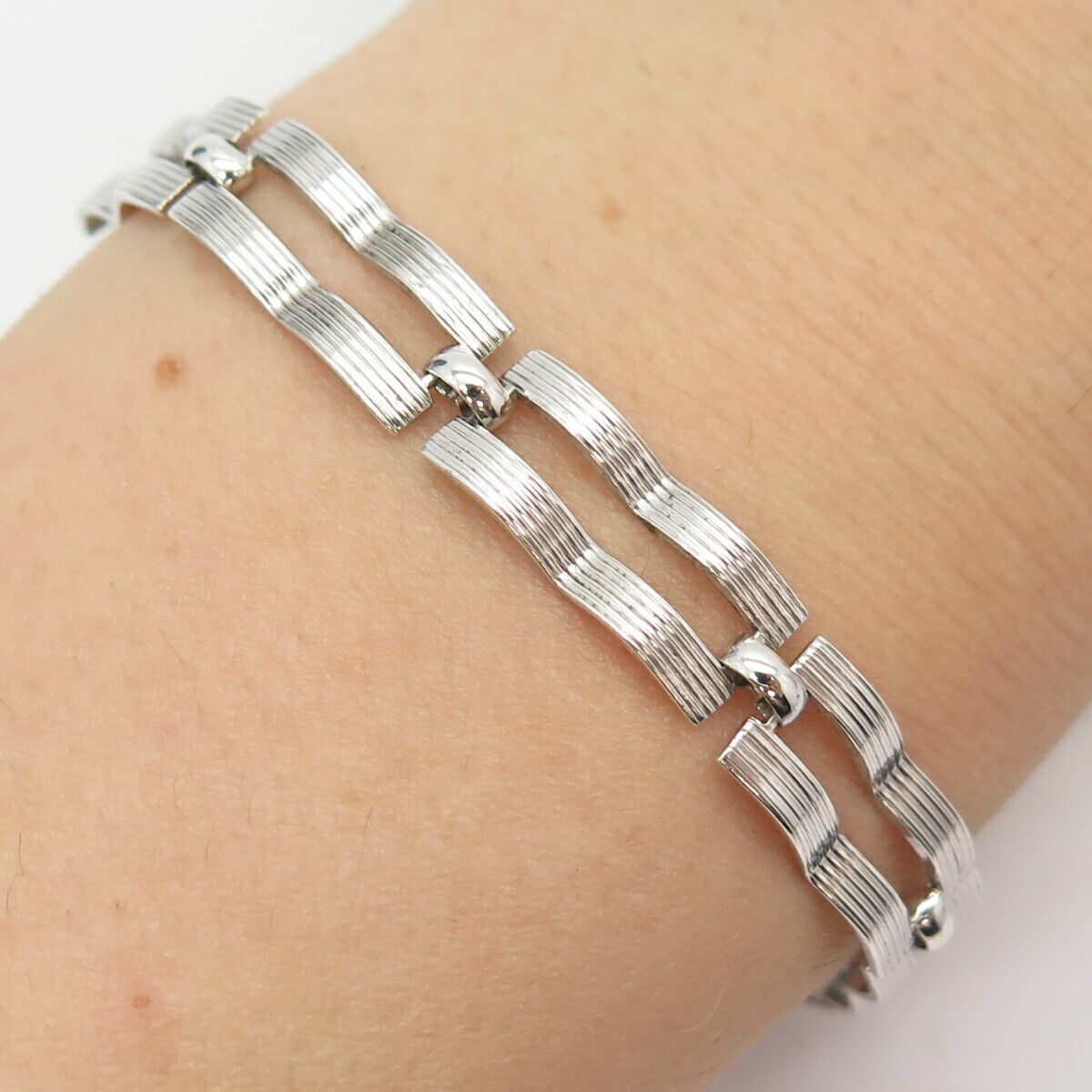 925 Sterling Silver Vintage Wavy Bar Link Bracelet 7"