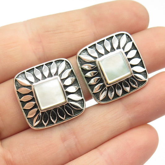 925 Sterling Silver Vintage Real Mother-Of-Pearl Square Clip On Earrings