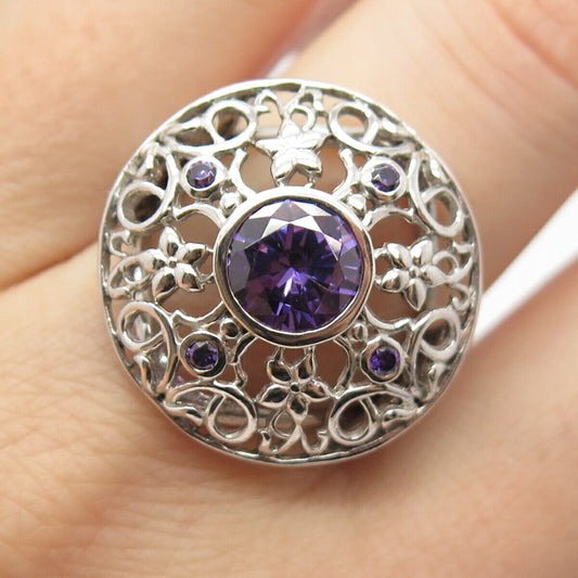 925 Sterling Silver Amethyst-Color C Z Open-Work Swirl Round Ring