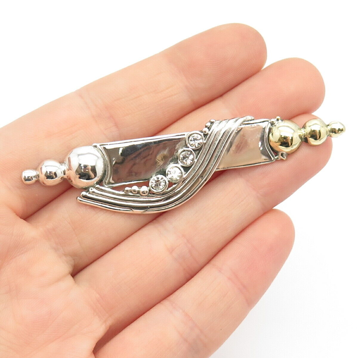 925 Sterling Silver 2-Tone Vintage C Z Beaded Pin Brooch