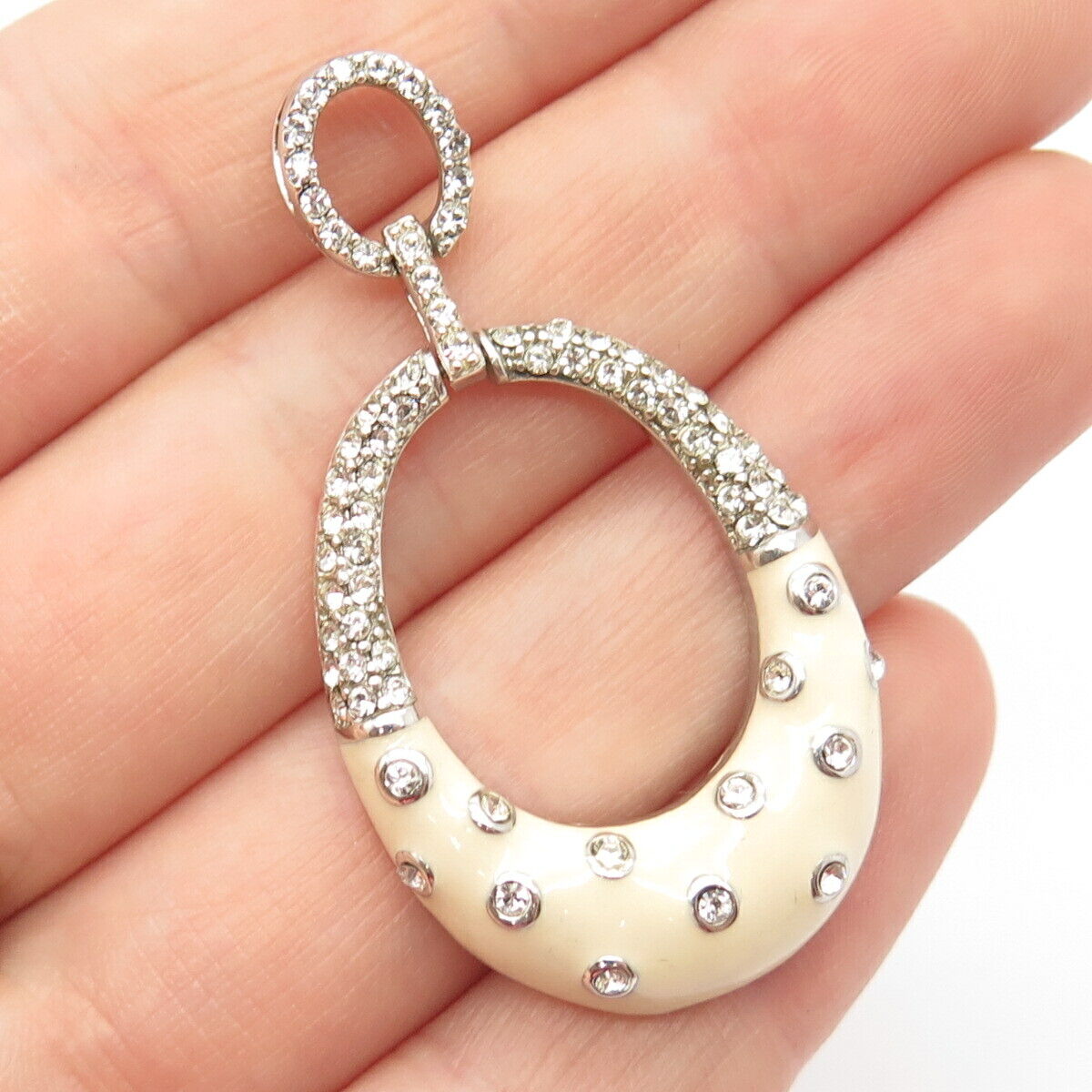 925 Sterling Silver Vintage Pave C Z & Enamel Oval Slide Pendant