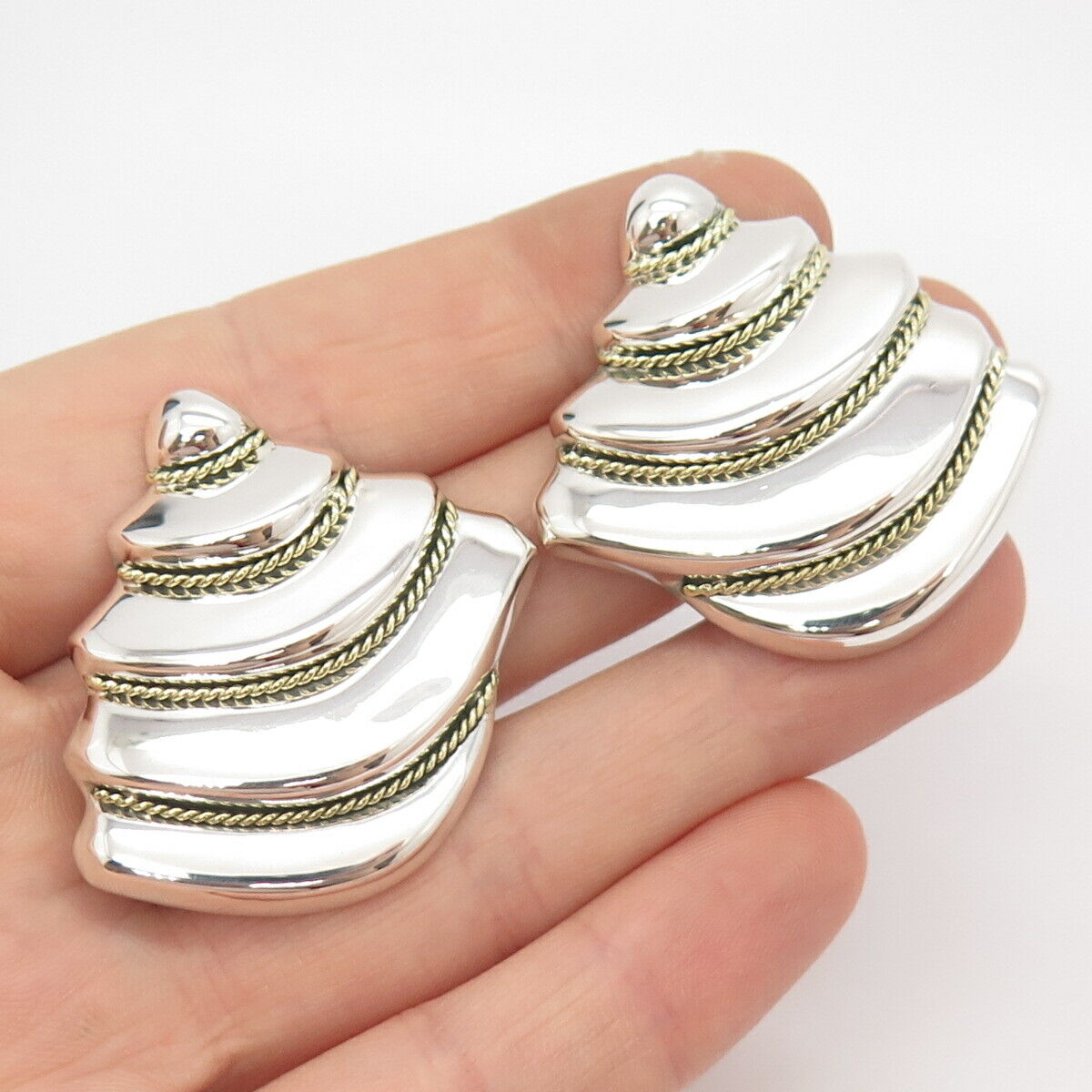 925 Sterling Silver 2-Tone Vintage Mexico Modernist Twisted Clip On Earrings