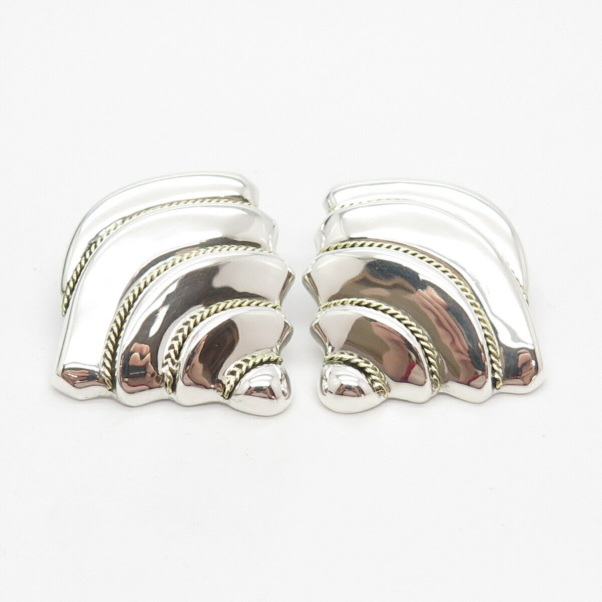 925 Sterling Silver 2-Tone Vintage Mexico Modernist Twisted Clip On Earrings