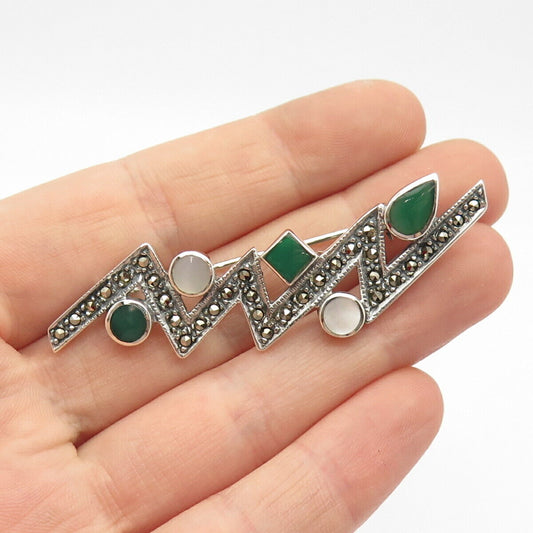 925 Sterling Silver Vintage Mother-of-Pearl Green Onyx Marcasite Gem Pin Brooch