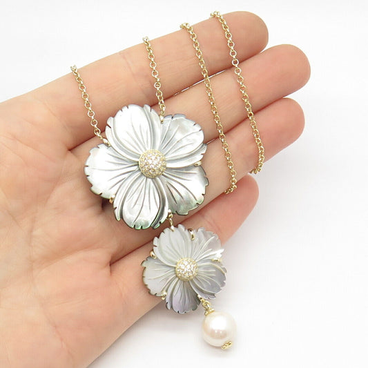 925 Sterling Silver Gold Plated Vintage Abalone Shell CZ Rolo Chain Necklace 30"