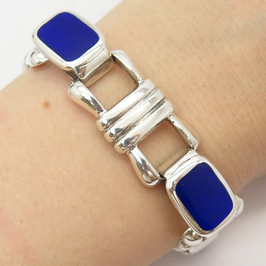 925 Sterling Silver Vintage Real Lapis Lazuli Gemstone Link Bracelet 6 3/4"