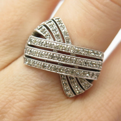 925 Sterling Silver Vintage Pave C Z Crossover Ring Size 8