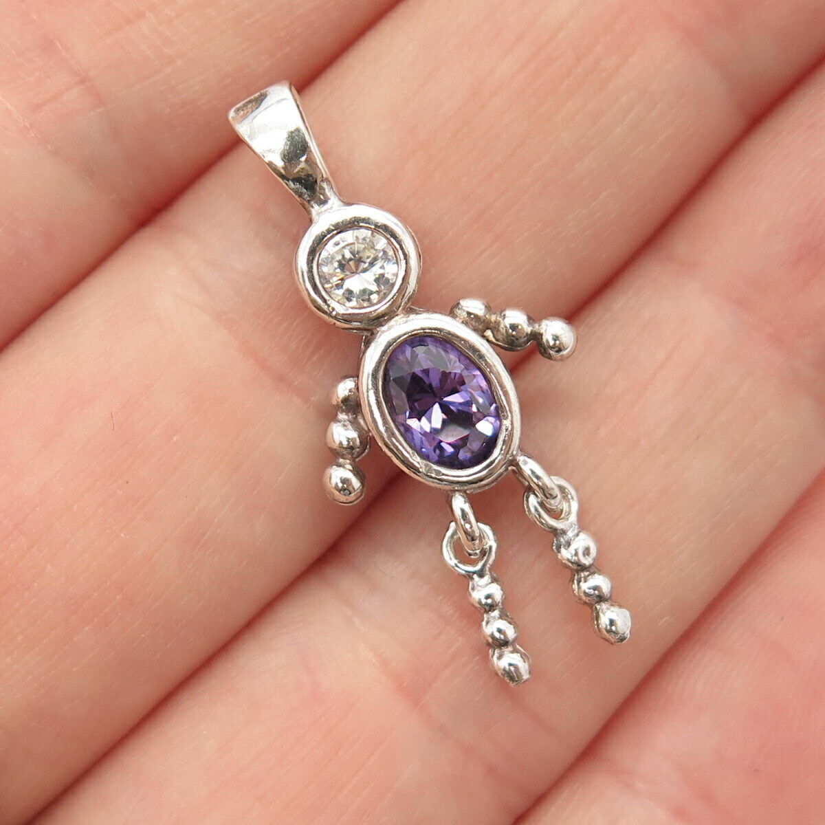 925 Sterling Silver Amethyst-Tone C Z Articulated Human Pendant