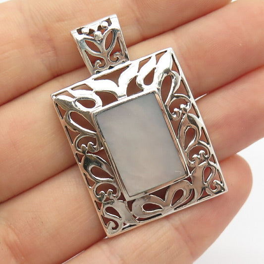 925 Sterling Silver Vintage Real Mother-of-Pearl Ornate Pendant