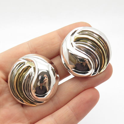 925 Sterling Silver 2-Tone Vintage Mexico Ribbed Clip On Earrings