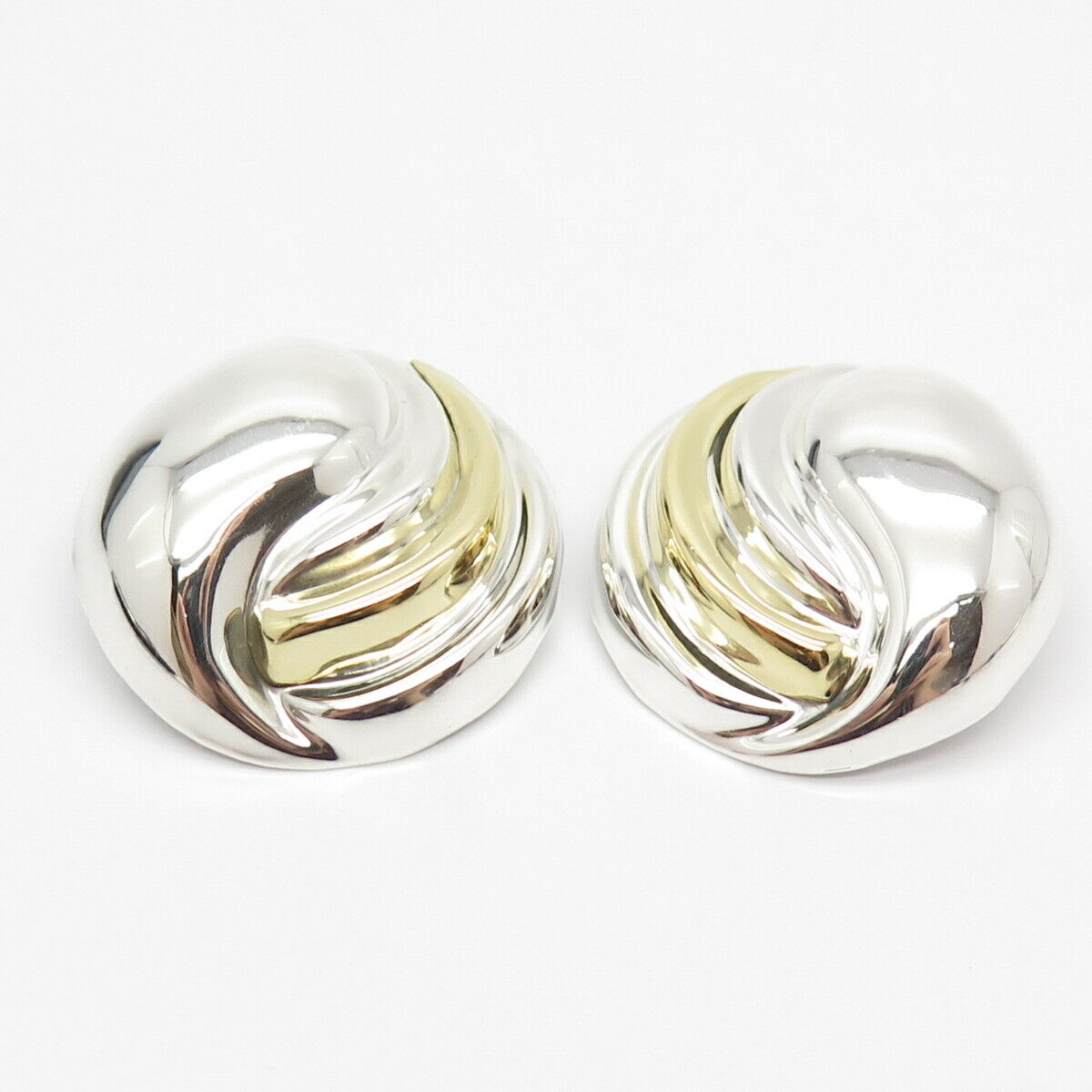 925 Sterling Silver 2-Tone Vintage Mexico Ribbed Clip On Earrings