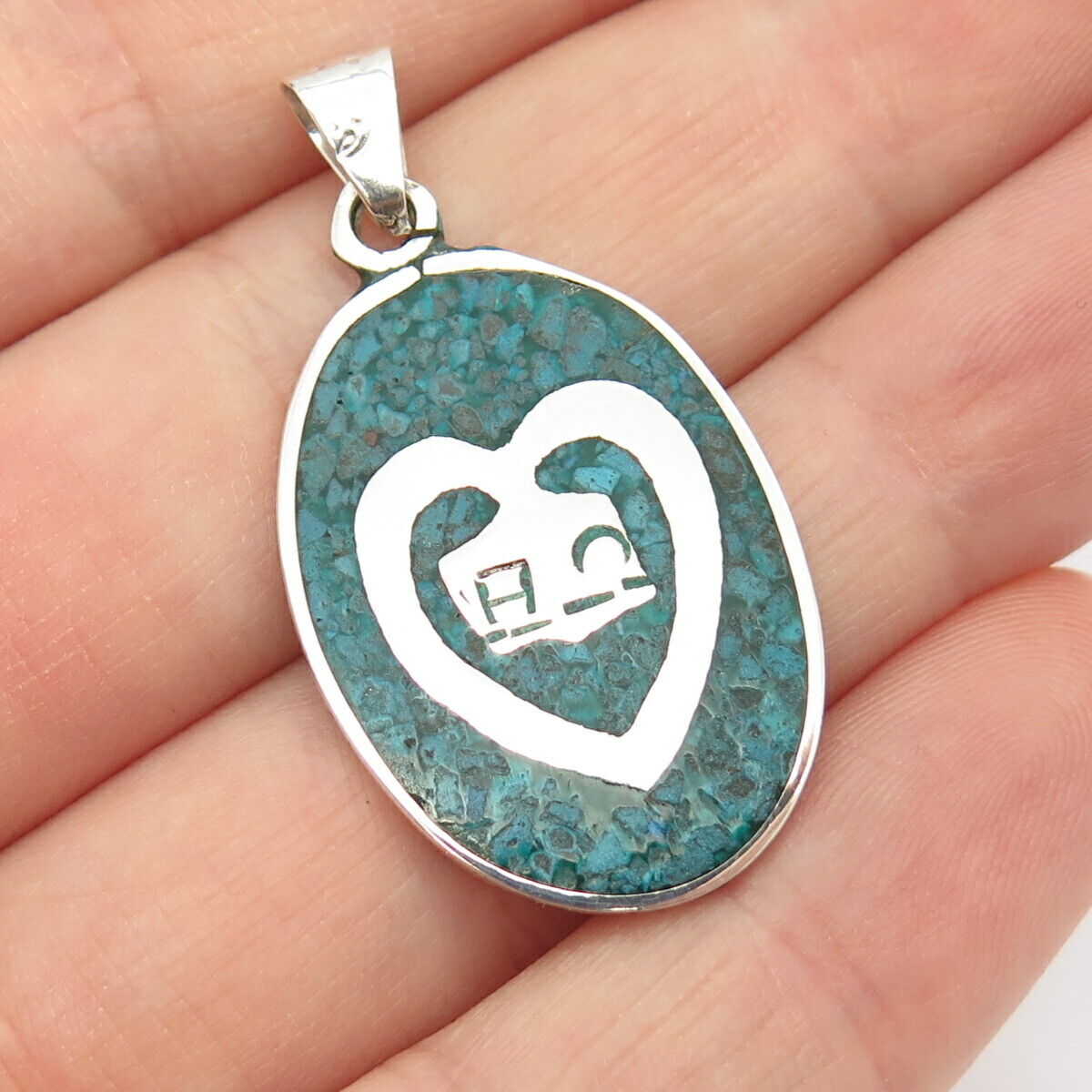 925 Sterling Silver Vintage Real Turquoise Gem Inlay Heart Pendant