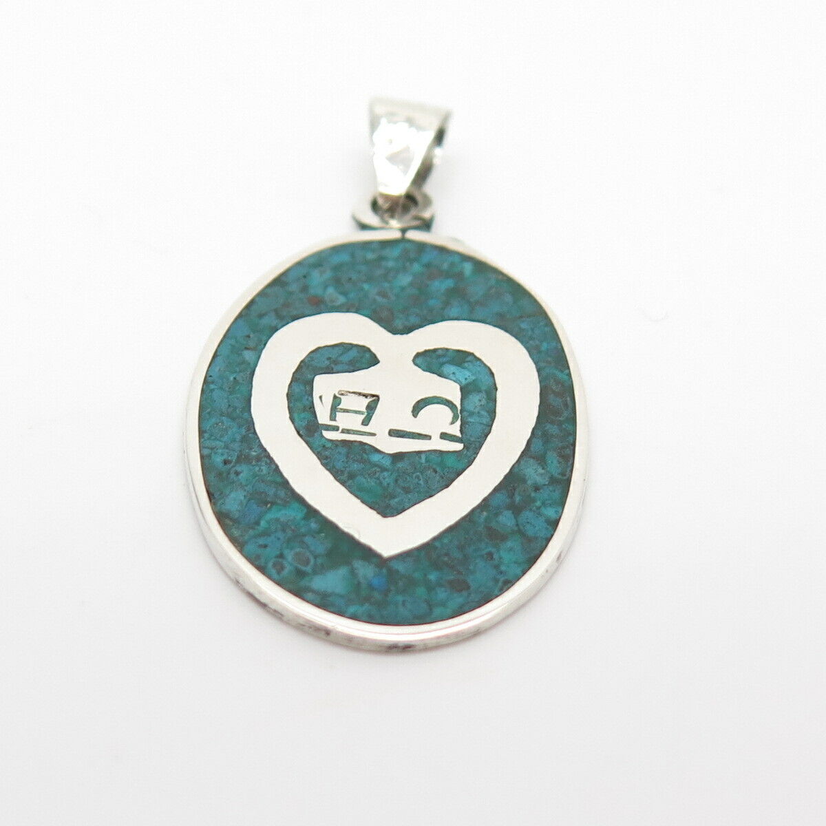 925 Sterling Silver Vintage Real Turquoise Gem Inlay Heart Pendant