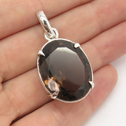 925 Sterling Silver Vintage Real Smoky Quartz Gem Pendant