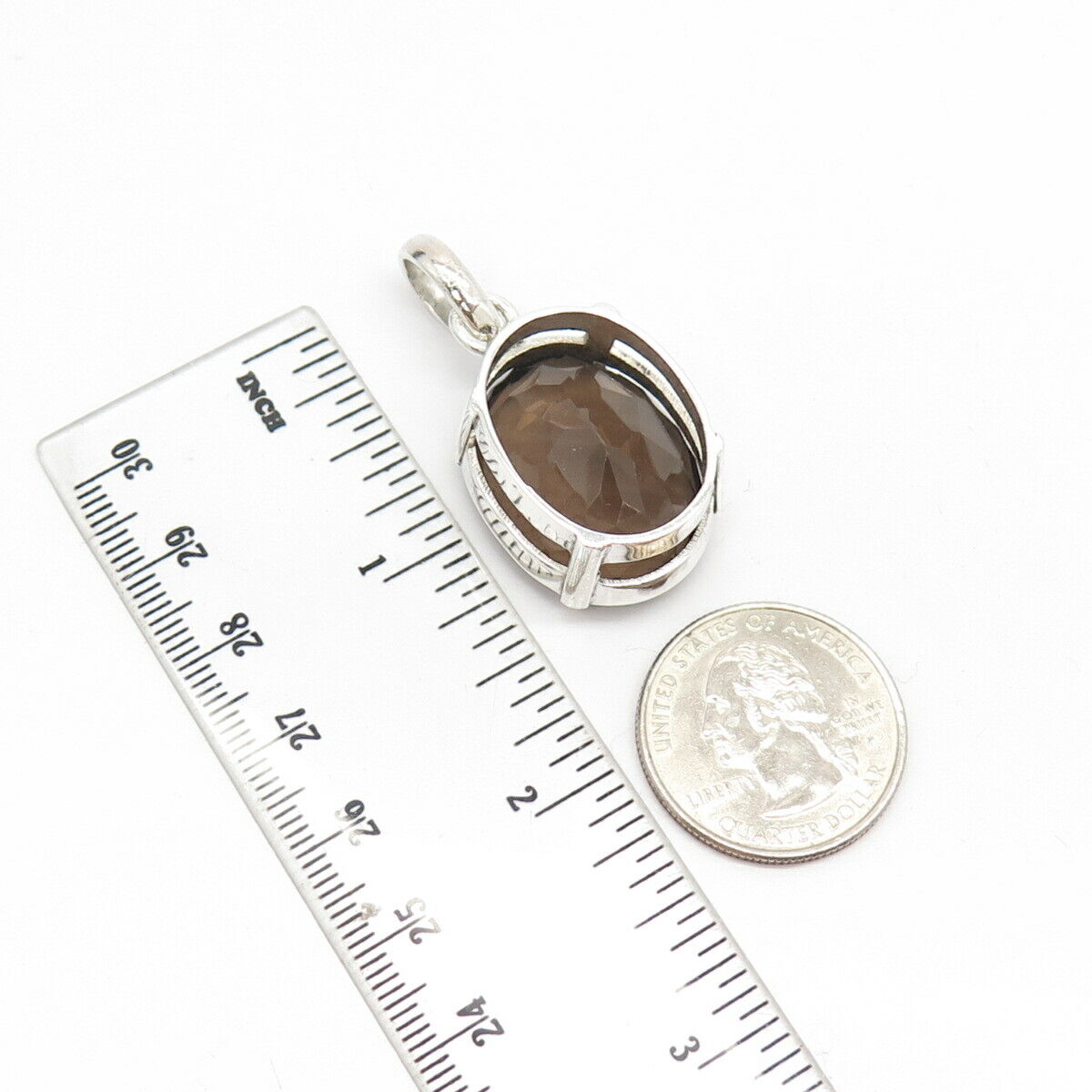 925 Sterling Silver Vintage Real Smoky Quartz Gem Pendant