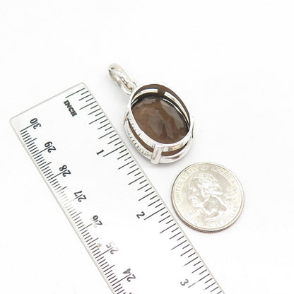 925 Sterling Silver Vintage Real Smoky Quartz Gem Pendant