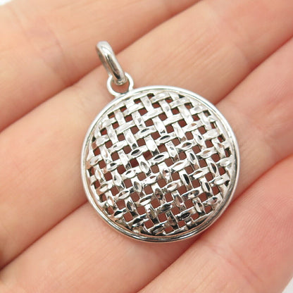 925 Sterling Silver Vintage Grid / Net Round Pendant