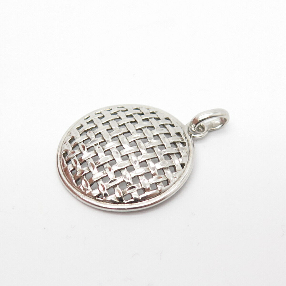 925 Sterling Silver Vintage Grid / Net Round Pendant