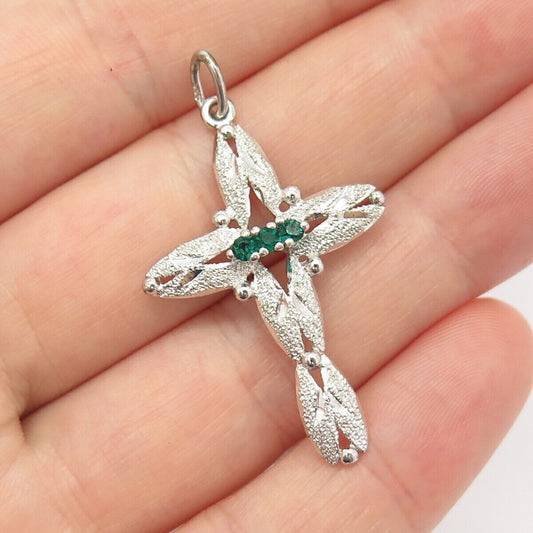 925 Sterling Silver Vintage Green Glass Cross Pendant