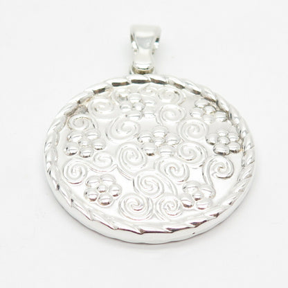 925 Sterling Silver Vintage Italy Floral Ornate Round Pendant