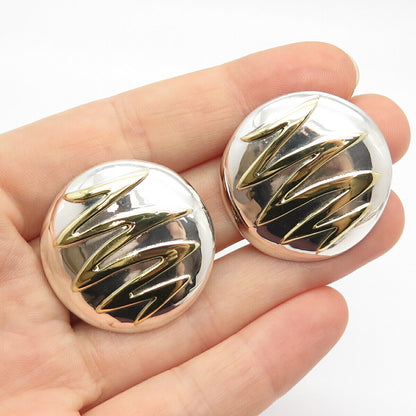 925 Sterling Silver 2-Tone Vintage Mexico Zig-Zag Clip On Earrings