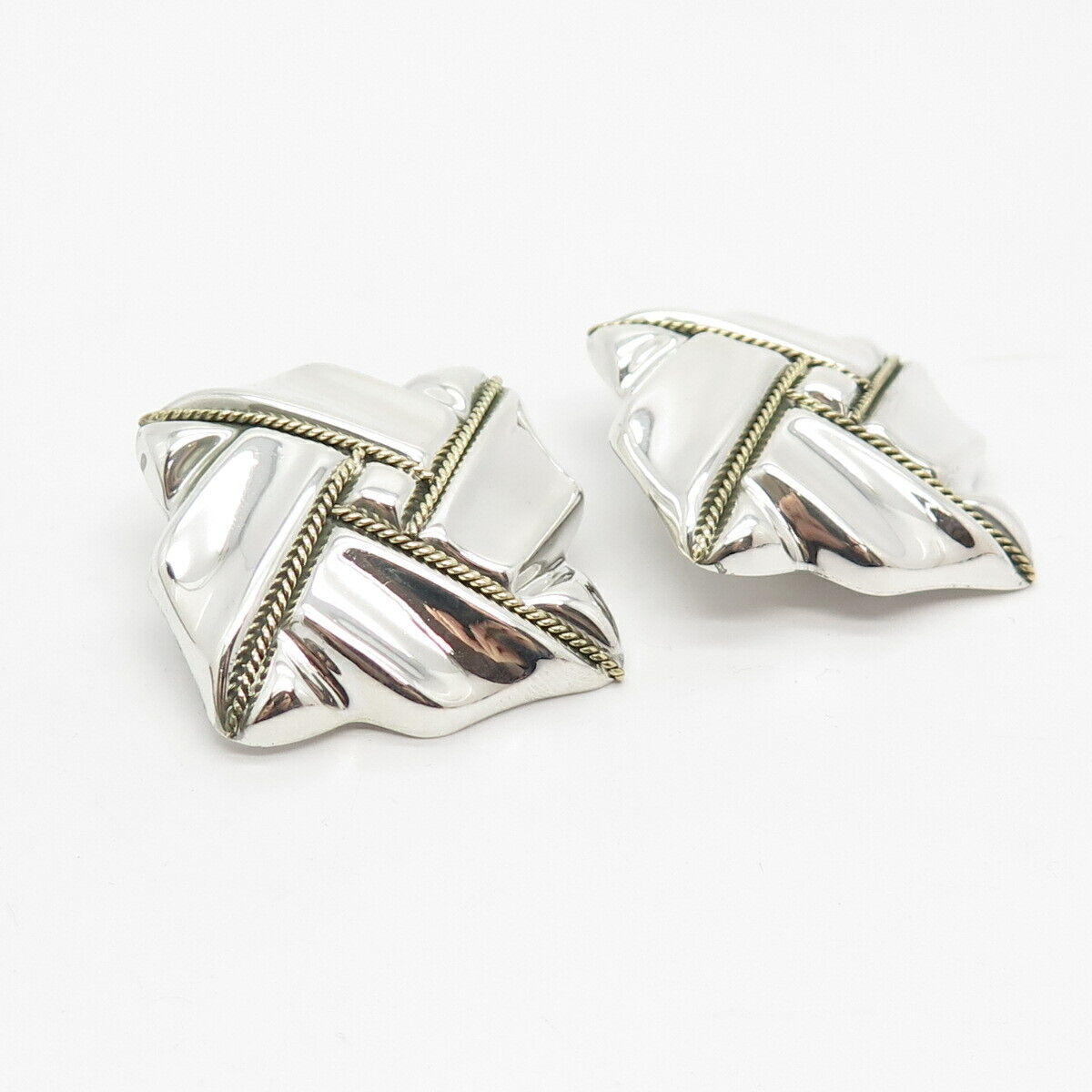 925 Sterling Silver 2-Tone Vintage Ribbed Clip On Earrings