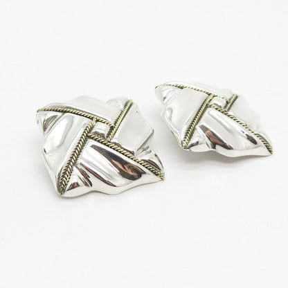 925 Sterling Silver 2-Tone Vintage Ribbed Clip On Earrings