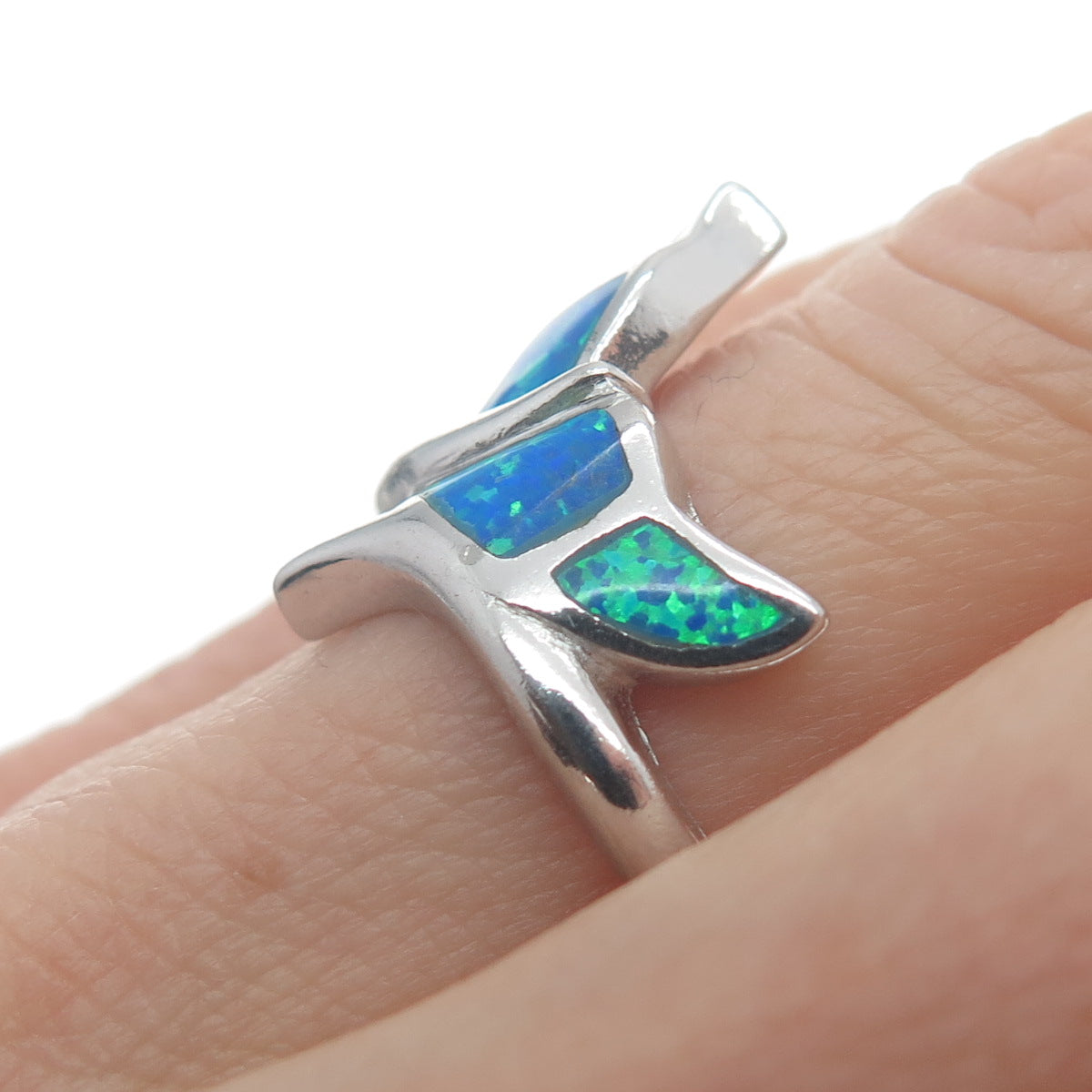 925 Sterling Silver Real Blue Opal Gemstone Whale's Tail Ring Size 5
